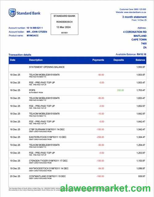 South Africa Standard Bank Rondebosch bank statement Word and PDF template